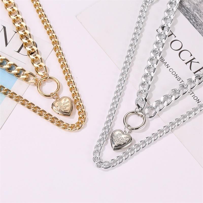 Jewelry Fashion Double Love Pendant Exaggerated Thick Chain Necklace Cold Street Shooting Sweater Chain