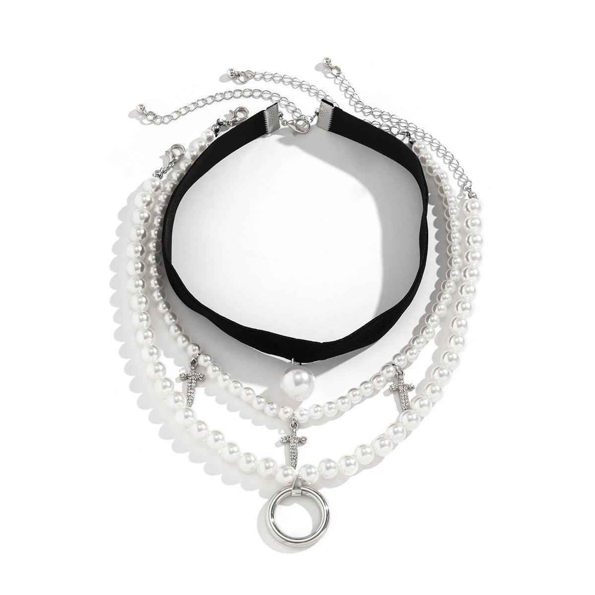 Jewelry Gothic geometric diamond dagger necklace sweet cool simple imitation pearl multi-layer necklace female
