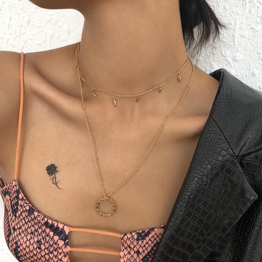 N9285 Double Chain Necklace Small Fresh Sweet Geometric Necklace Simple Fashion Hollow Ring Necklace