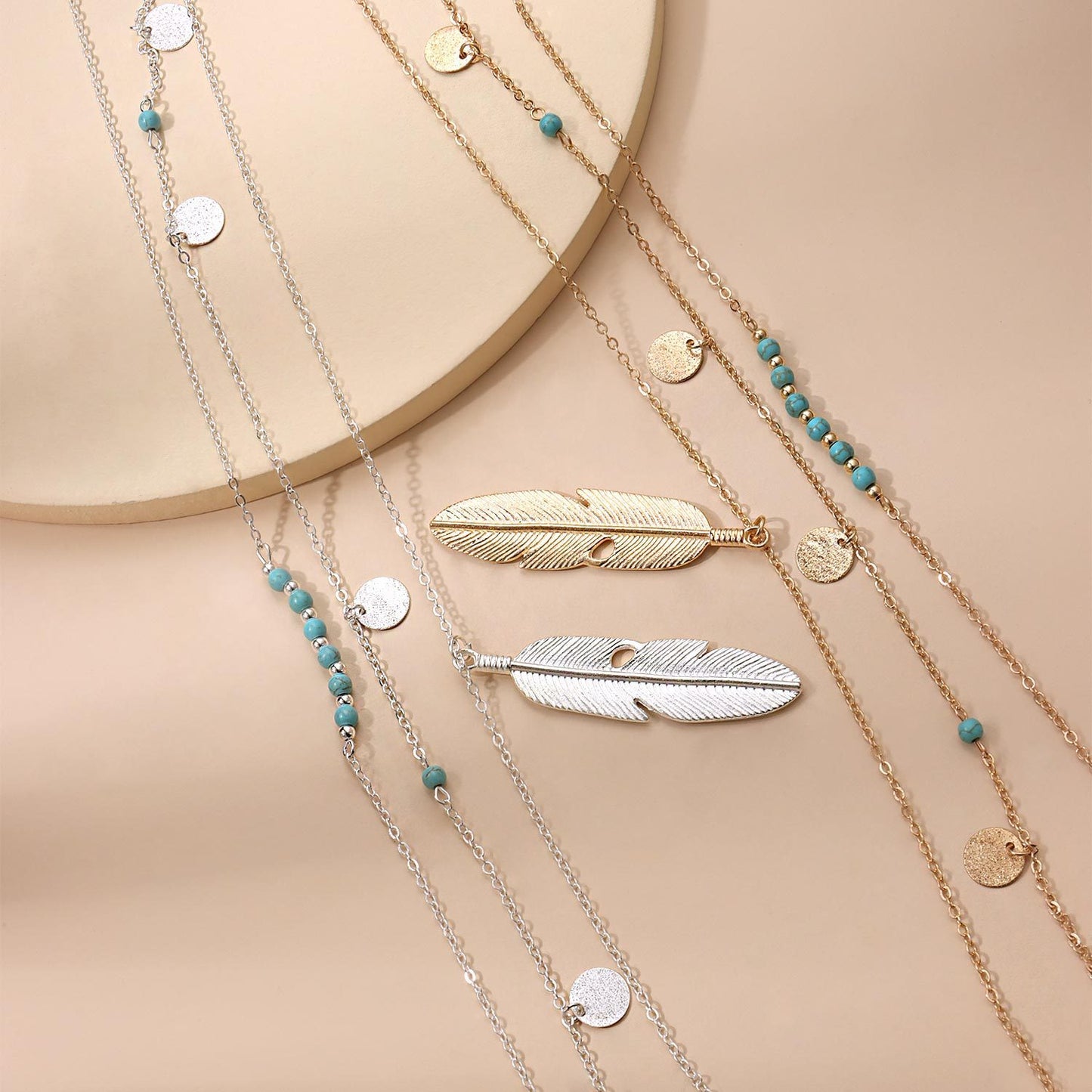 Jewelry Fashion Feather Turquoise Bead Sequin Multilayer Necklace Women's Street Shoot