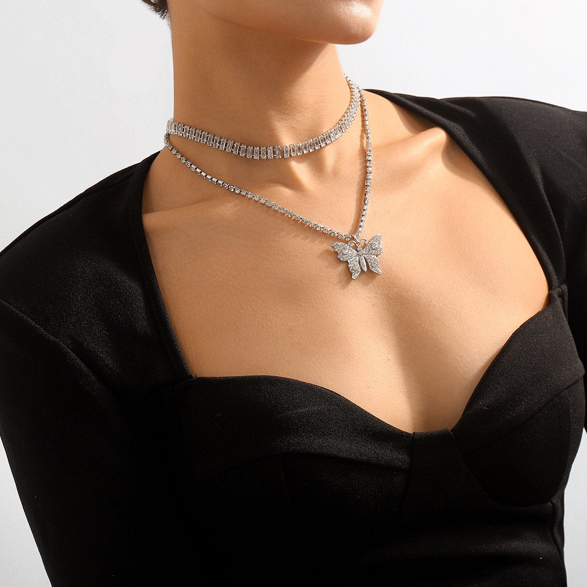 N1888 Sweet Small Fashion Necklace Butterfly Full Diamond Temperament Elegant Retro Double Layer Necklace