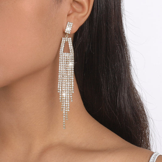 E1548 Rhinestone Tassel Earrings Temperament Light Luxury Hollow Long Earrings Dinner Party Earrings