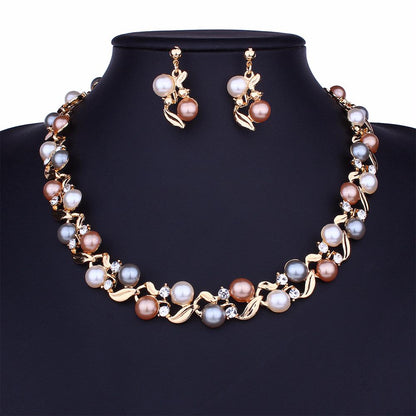 2 Imitation Pearl Necklace Earrings Set Lady Temperament Versatile Jewelry Set