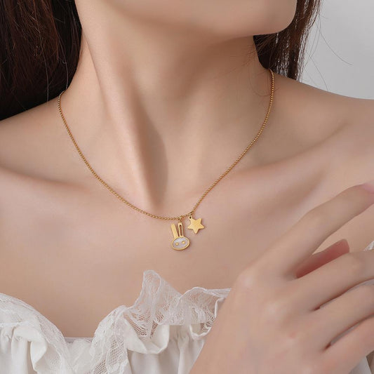ins simple cute white rabbit stainless steel necklace five-pointed star rabbit head animal pendant star collarbone chain jewelry