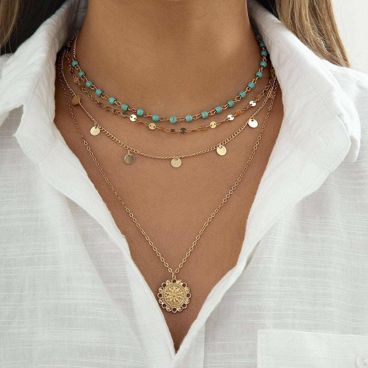 Jewelry Retro Ethnic Turquoise Clavicle Necklace Female Simple Metal Faceplate Sequin Necklace