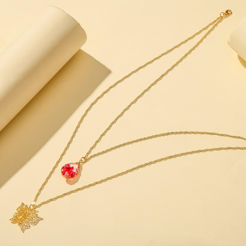Fashion Water Drop Resin Transparent Crystal Dried Flower Pendant Super Fairy Hollow Butterfly Double Layer Clavicle Necklace For Women