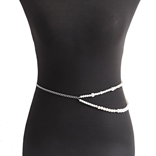 Jewelry fashion double layer imitation pearl metal belt waist chain hot girl waistchain