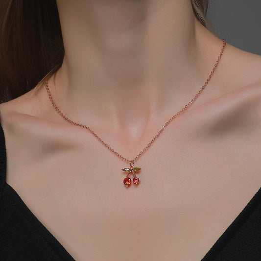 Jewelry sweet temperament diamond inlaid small cherry necklace exquisite copper inlaid zircon fruit clavicle chain necklace