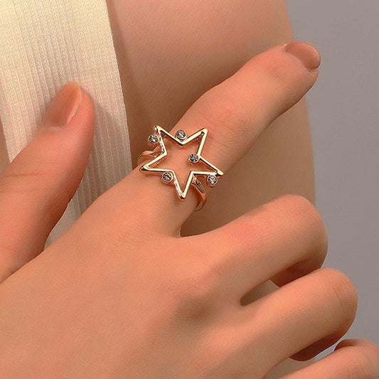 Ins hollow star ring personality temperament micro-inlaid zircon five-pointed star index finger ring ins net red ring