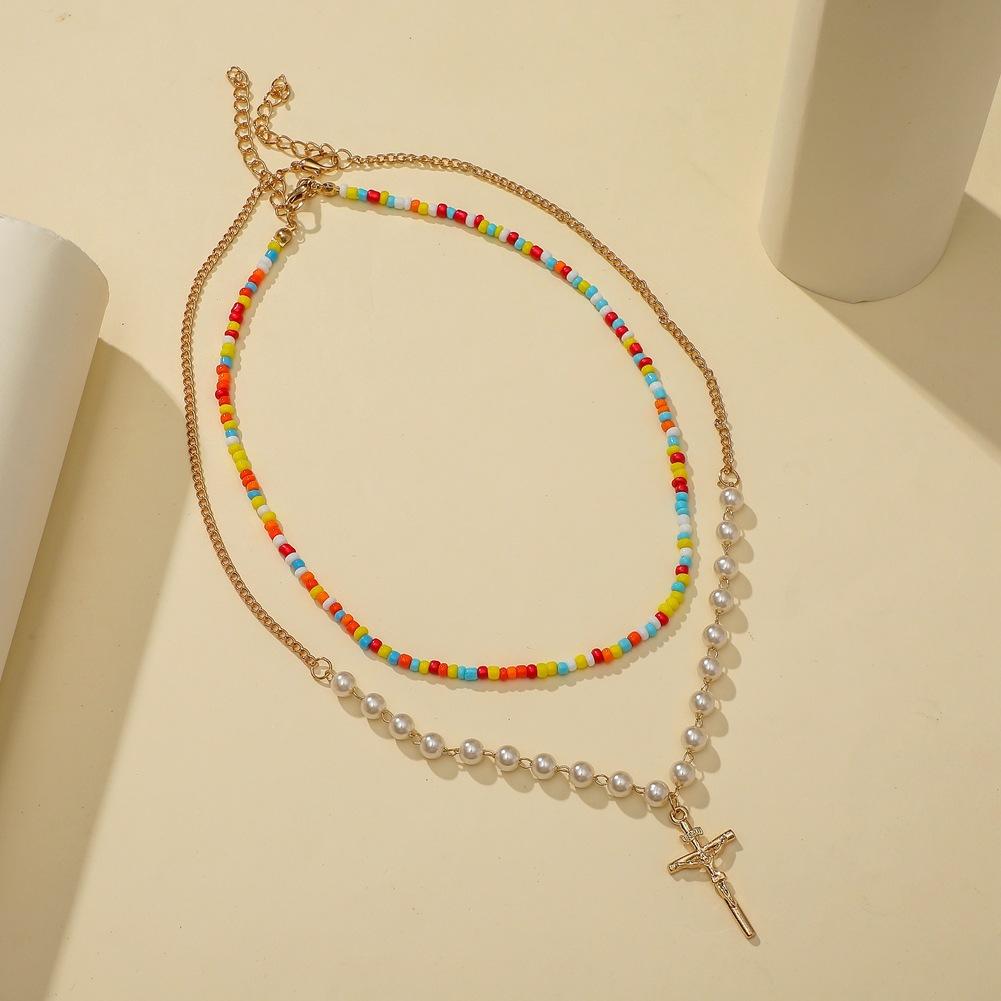 Necklace Personalized Colorful Rice Bead Necklace Fashion Double Layer Pearl Cross Trend Metal Necklace