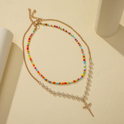 Necklace Personalized Colorful Rice Bead Necklace Fashion Double Layer Pearl Cross Trend Metal Necklace