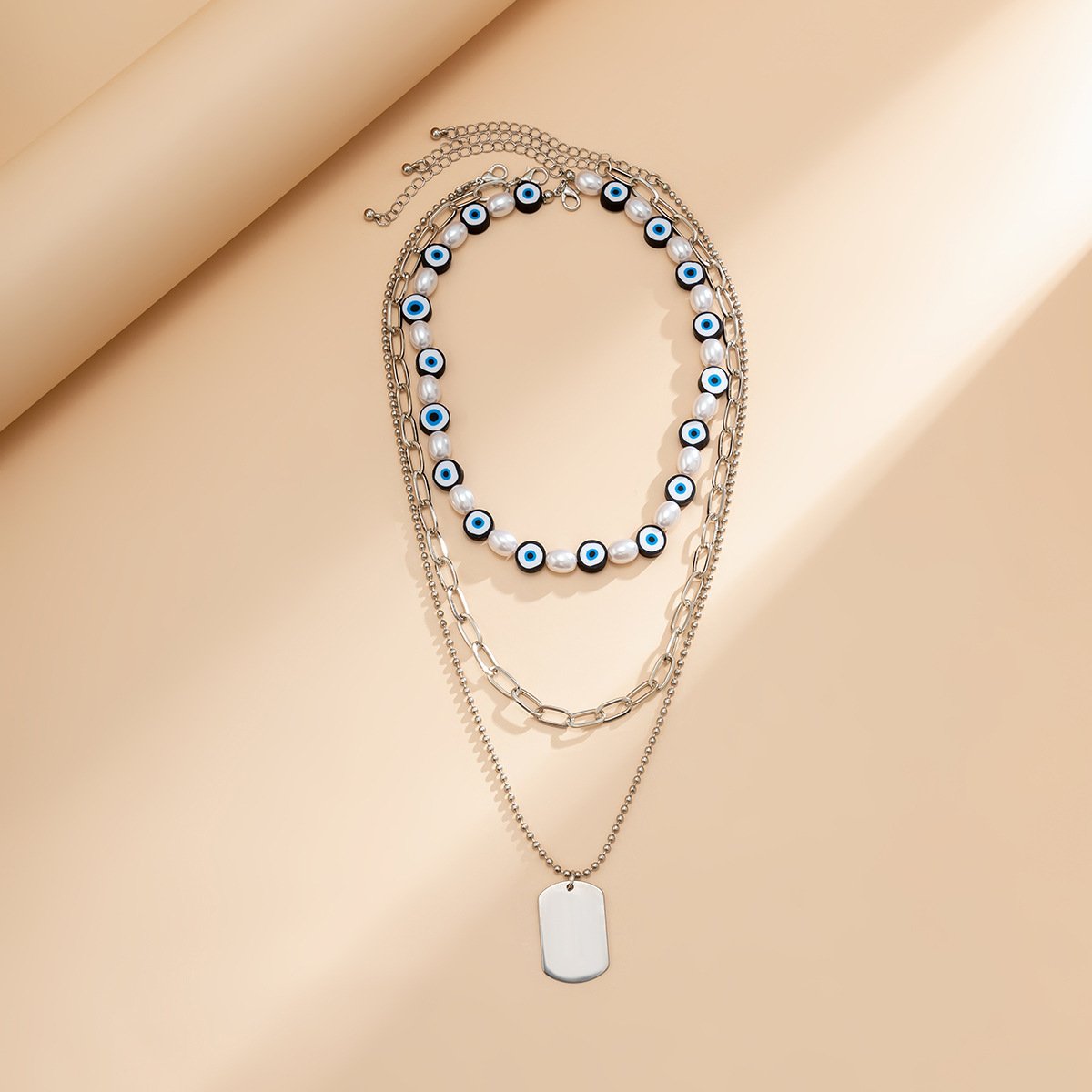 Jewelry Ethnic Beaded Chain Devil Eyes Pendant Punk Hip Hop Metal Tag Necklace