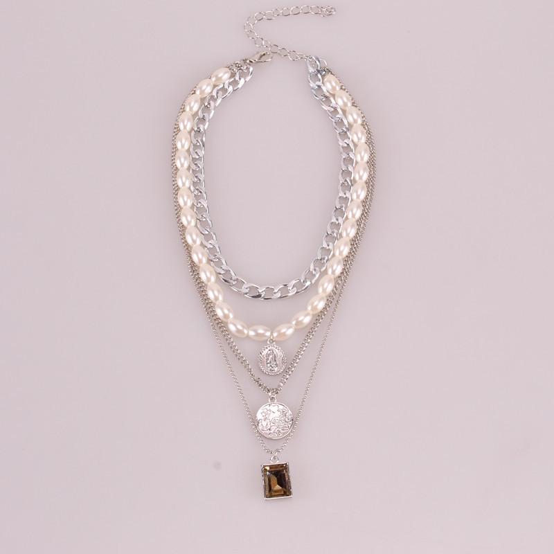 Jewelry Retro Multi-layer Mix and Match Imitation Pearl Necklace Simple Geometric Embossed Necklace Female