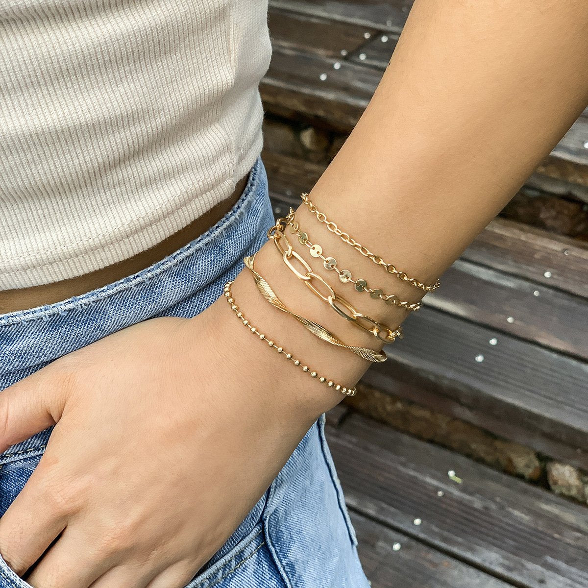 Jewelry Creative Spiral Snake Bone Chain Mashup Bracelet Female Simple Cross Ball Metal Bracelet