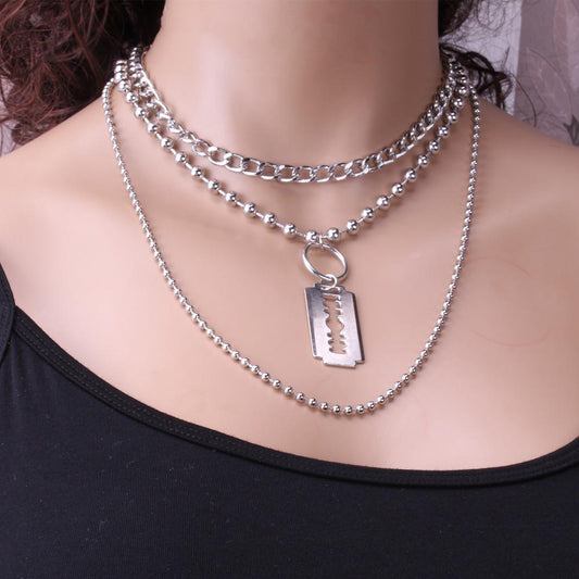 Fashion street shooting hip-hop blade multi-layer necklace fashion jewelry ball chain lock necklace