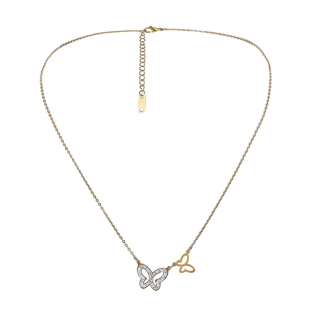 Stainless Steel Hollow Double Butterfly Full Diamond Necklace Light Luxury Niche 18K Gold Plated Titanium Steel Clavicle Chain
