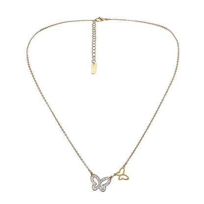 Stainless Steel Hollow Double Butterfly Full Diamond Necklace Light Luxury Niche 18K Gold Plated Titanium Steel Clavicle Chain