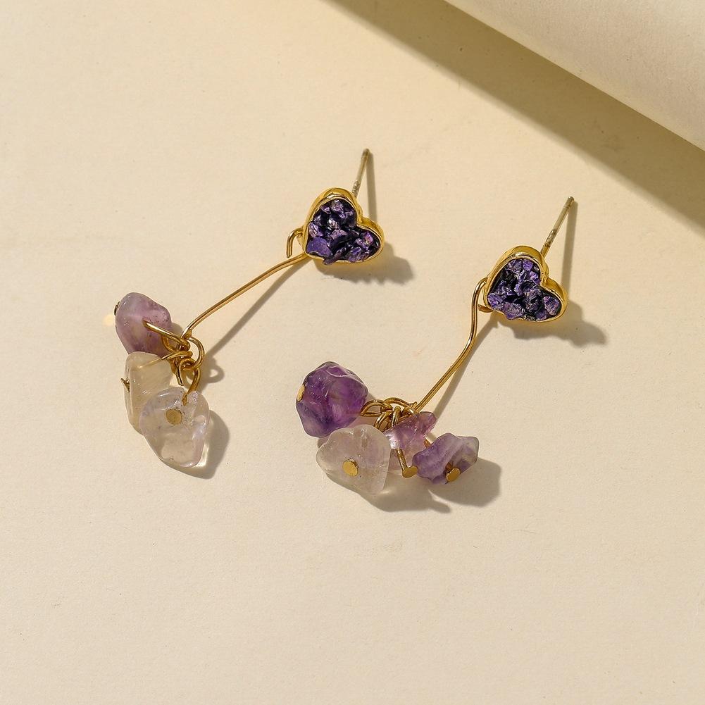 Fashion heart-shaped cute purple gravel earrings temperament long heart tassel rough stone ladies earrings jewelry