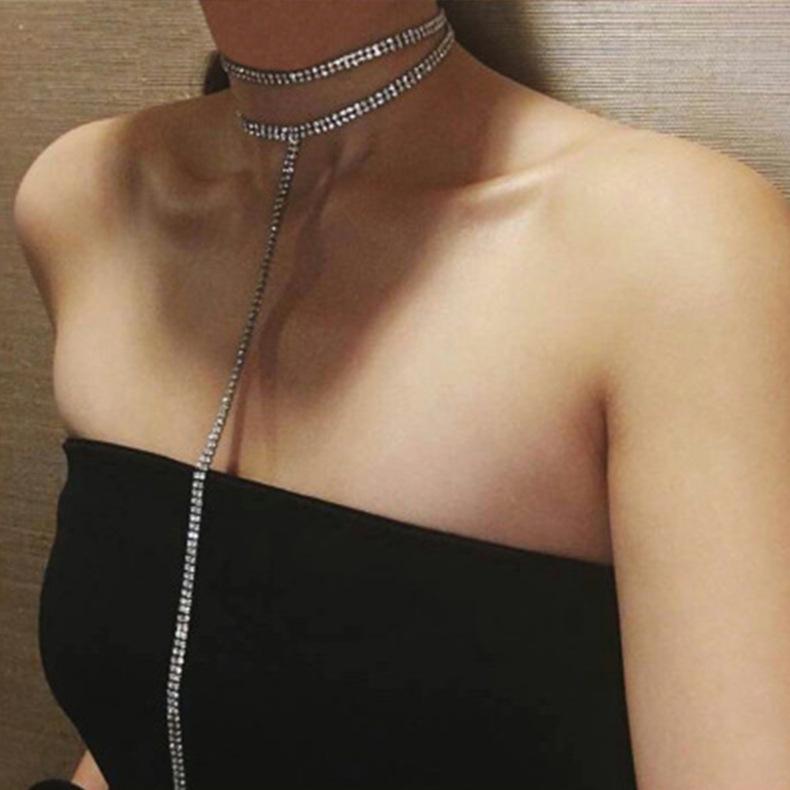 Simple fashion trendy double drainage diamond chain neck chain collarbone chain double T-shaped pendant necklace neck chain sweater chain