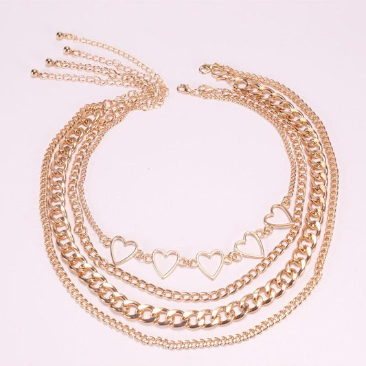 Jewelry Hip Hop Personality Geometric Set Necklace Peach Heart Flat Thick Chain Hollow Multilayer Chain Necklace