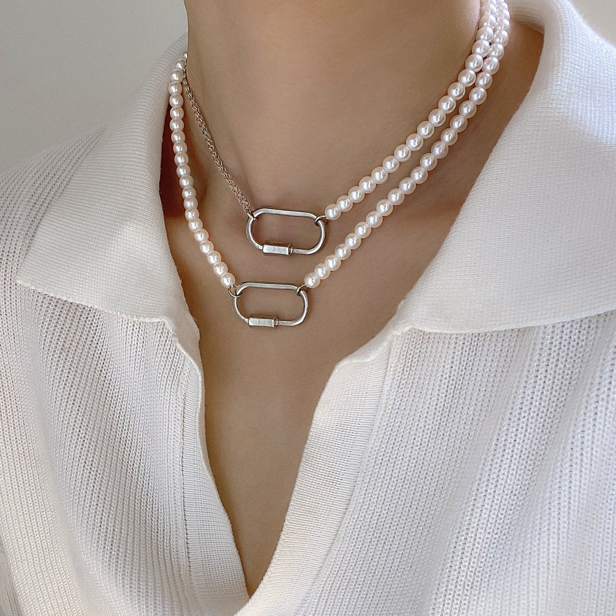 Jewelry Frosty Metal Chain Ring Necklace Female Retro Simple Imitation Pearl Beaded Necklace