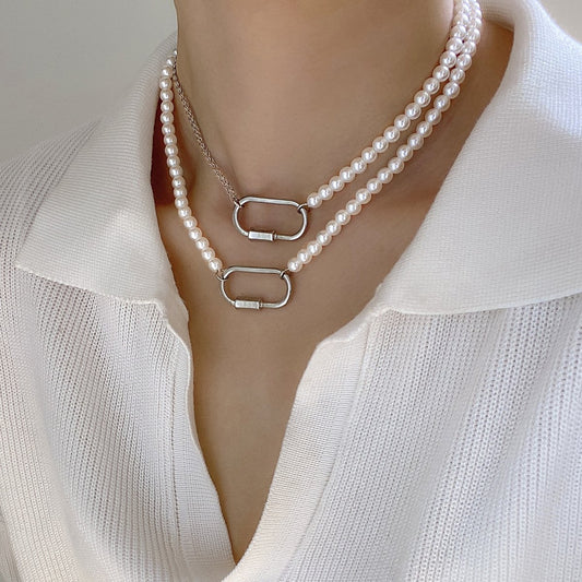 Jewelry Frosty Metal Chain Ring Necklace Female Retro Simple Imitation Pearl Beaded Necklace