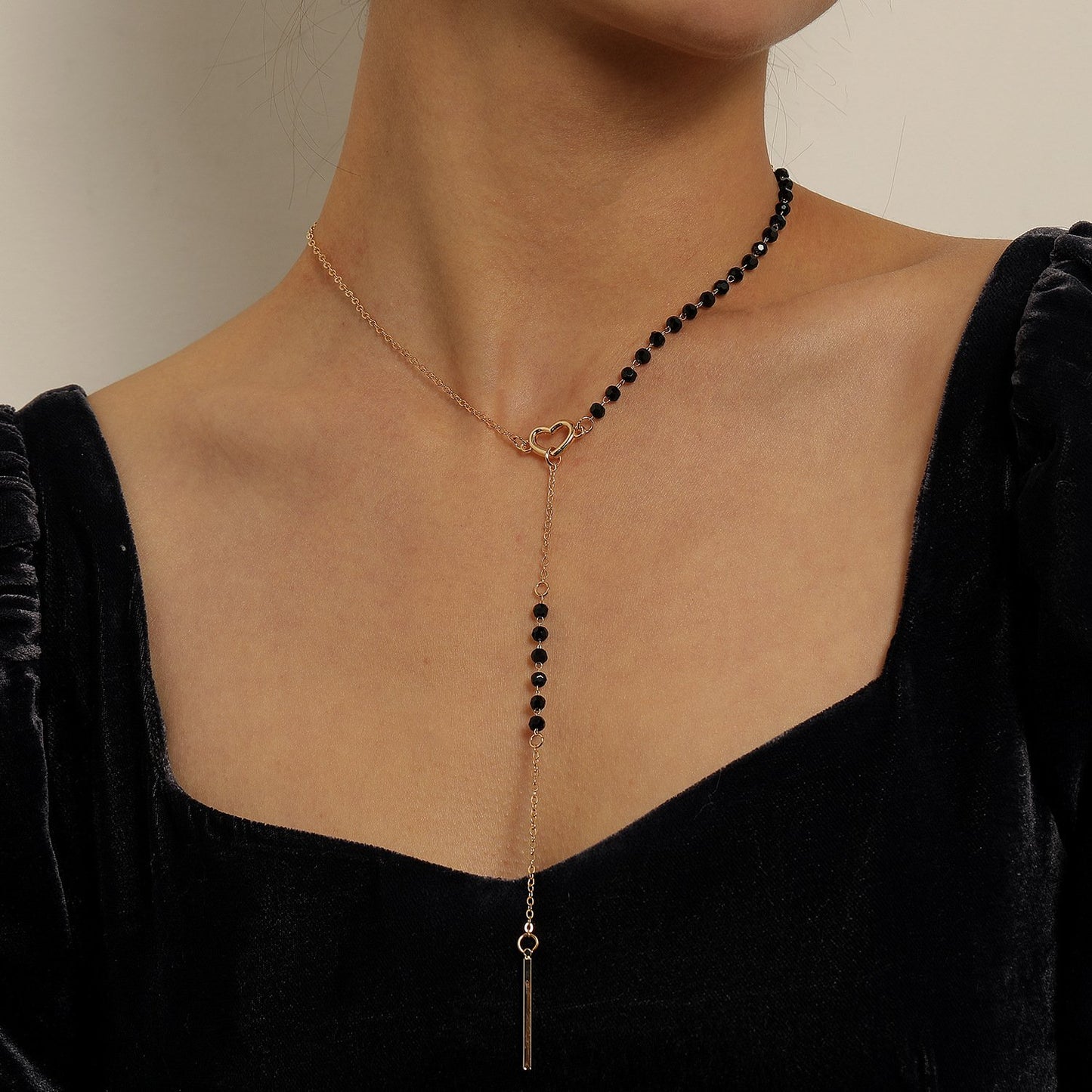 Jewelry Long Tassel Pendant Necklace Femininity Y-shaped Love Black Gemstone Necklace