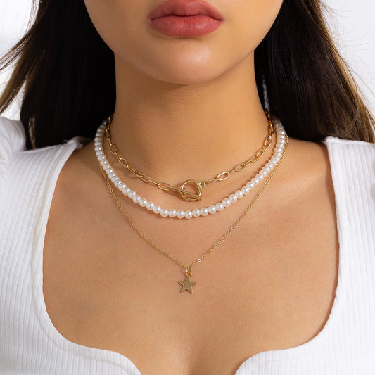 Jewelry Simple Temperament Imitation Pearl Star Pendant Necklace Personality OT Buckle Metal Chain Necklace