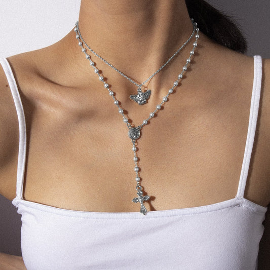 Jewelry Retro Little Angel Geometric Necklace Temperament Imitation Pearl Y-shaped Cross Tassel Necklace