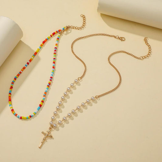 Necklace Personalized Colorful Rice Bead Necklace Fashion Double Layer Pearl Cross Trend Metal Necklace