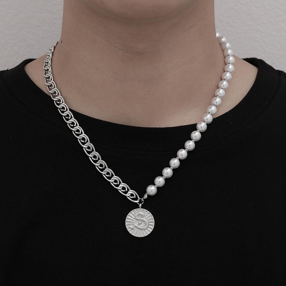 Punk Hip-hop Men's Stainless Steel Stitching Pearl Necklace Coin Snake Pendant Versatile Fashion Necklace
