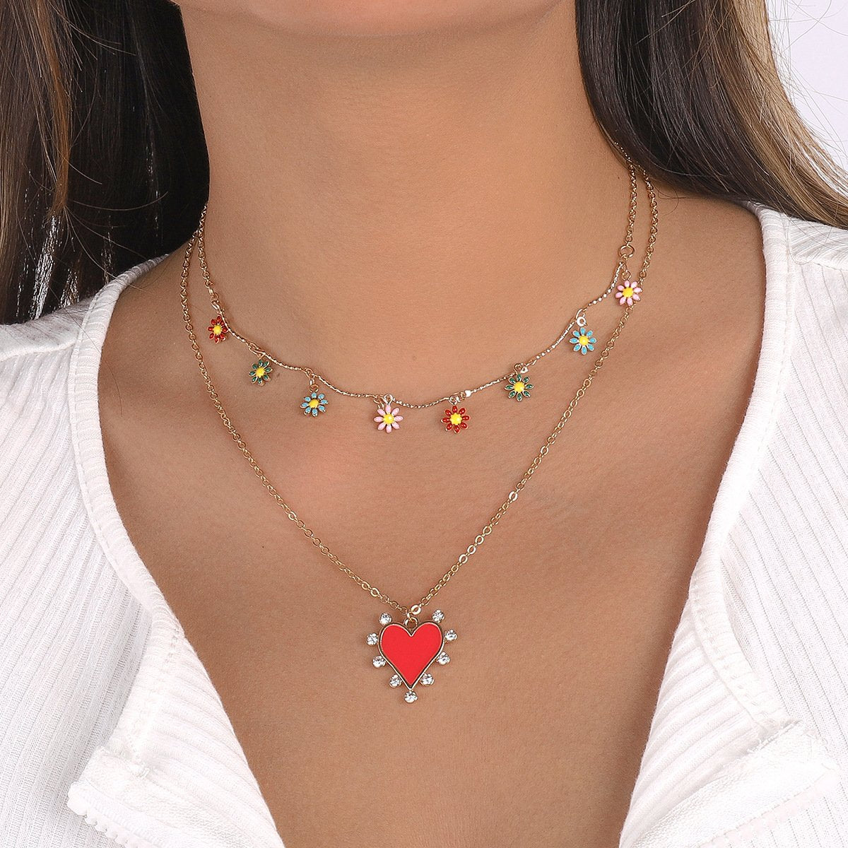 N1152 Small fresh folded collarbone necklace dripping oil love flower micro-inlaid niche fashion necklace for women
