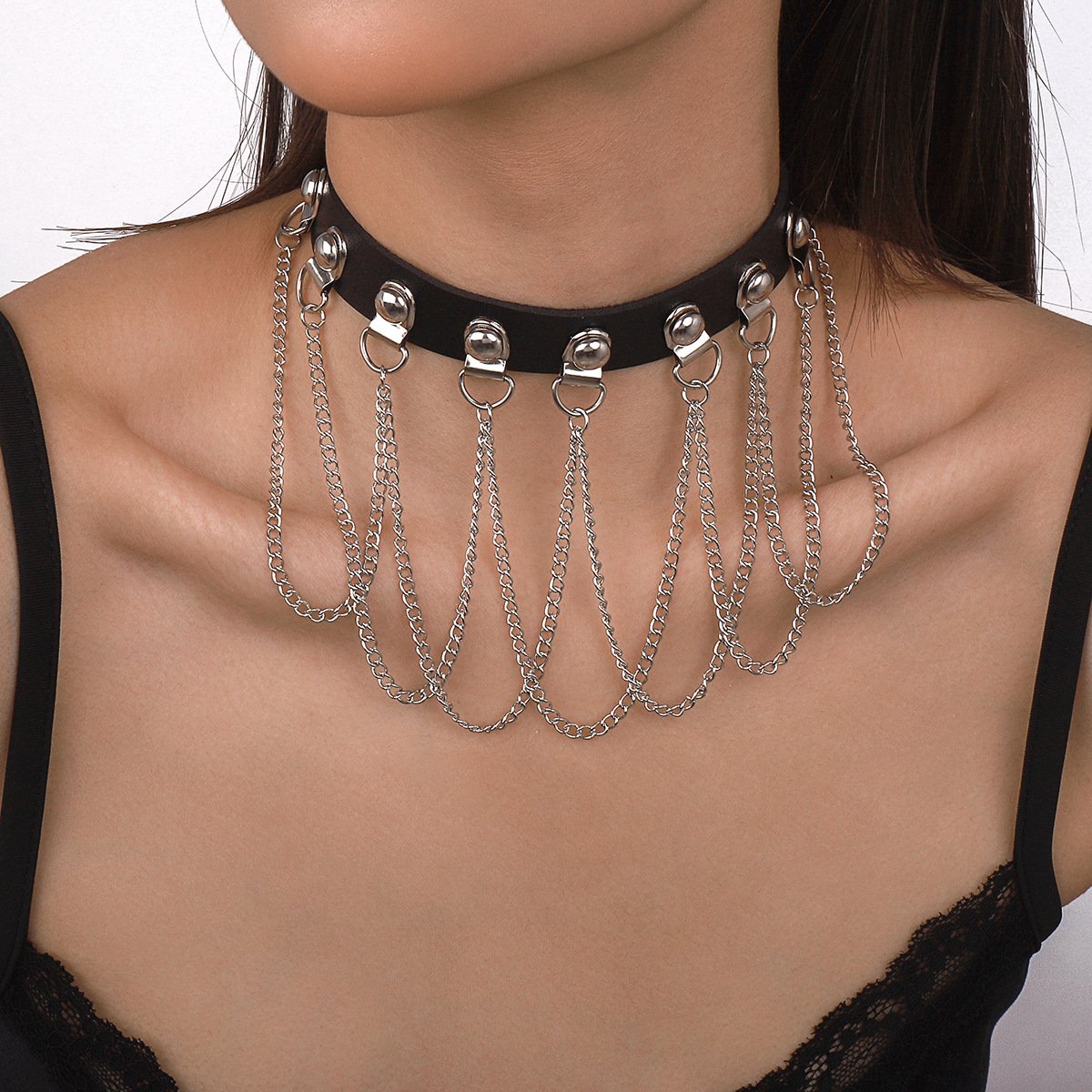 N1532 Gothic Exaggerated Dark Leather Collar Harajuku Chain Tassel Hip-Hop Night Necklace