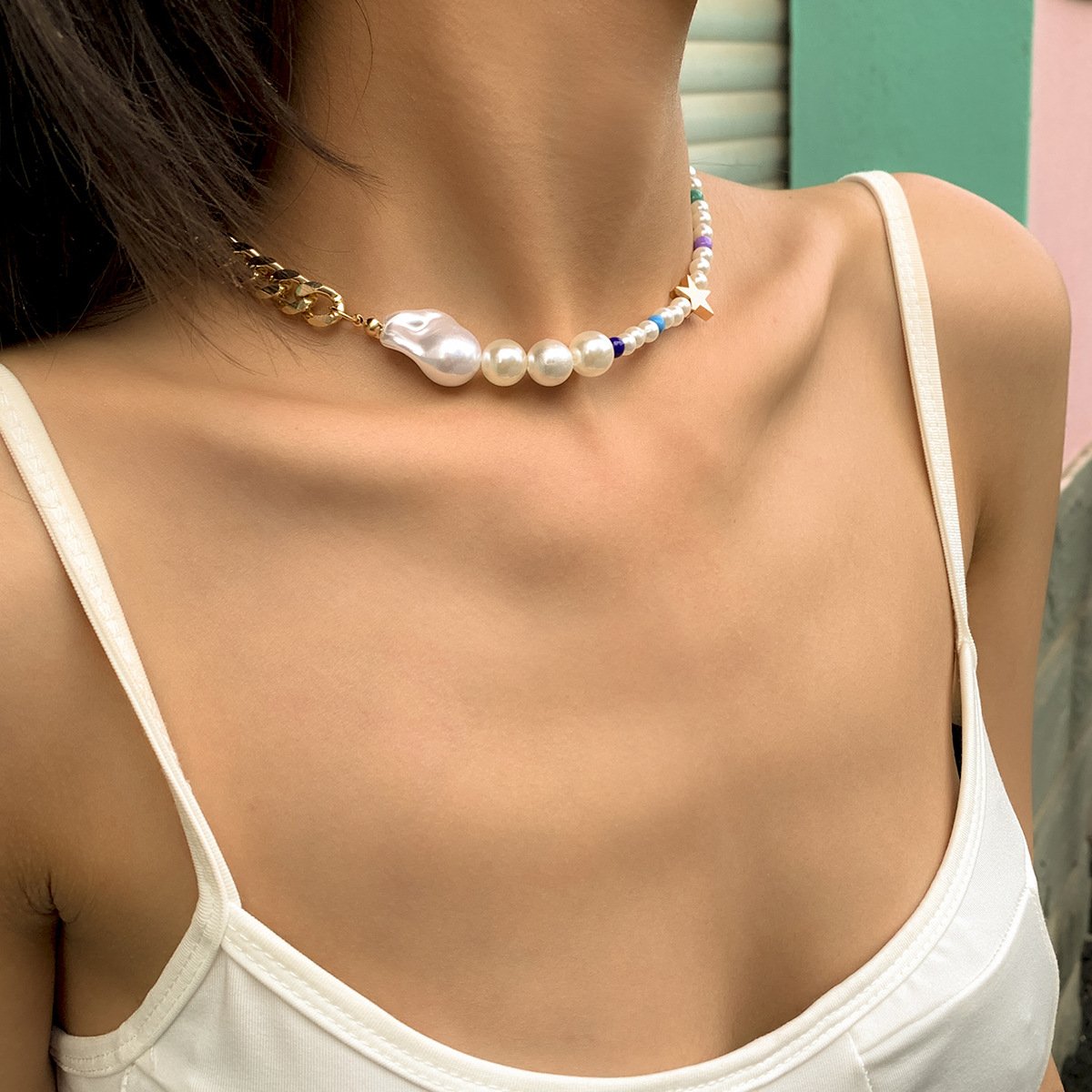 Metal Chain Baroque Pearl Necklace Female Bohemia Vacation Colorful Rice Beads Necklace