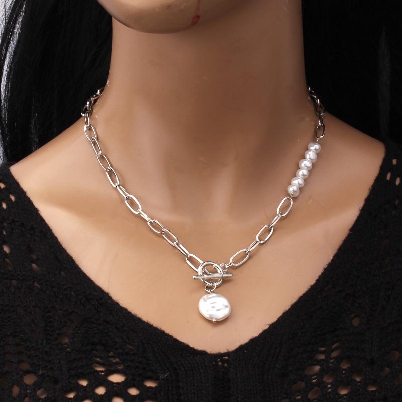 Jewelry Retro Metal Irregular OT Buckle Chain Necklace Versatile Pearl Advanced Sweater Chain