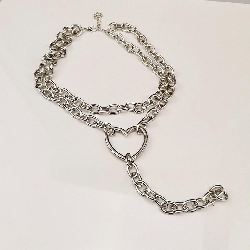 Jewelry punk exaggerated long ring multi-layer necklace personalized thick chain peach heart hip-hop necklace