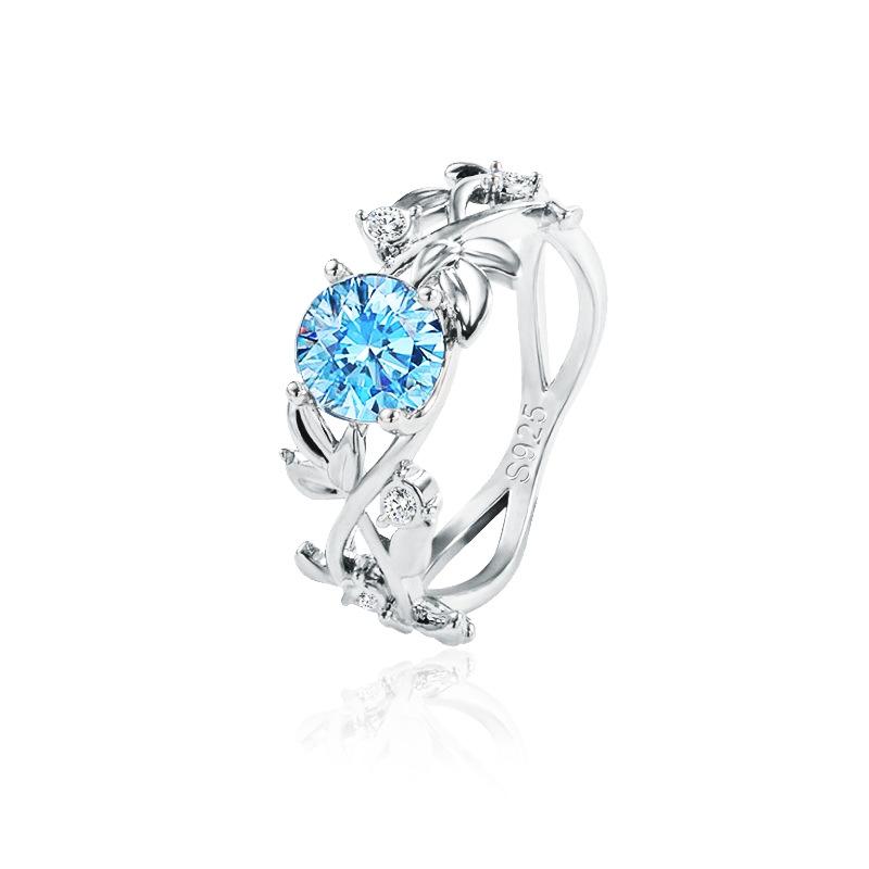 Fashion OL Popular Leaf Leaves Diamond Zircon Ring 925 Silver Sapphire Copper Jewelry