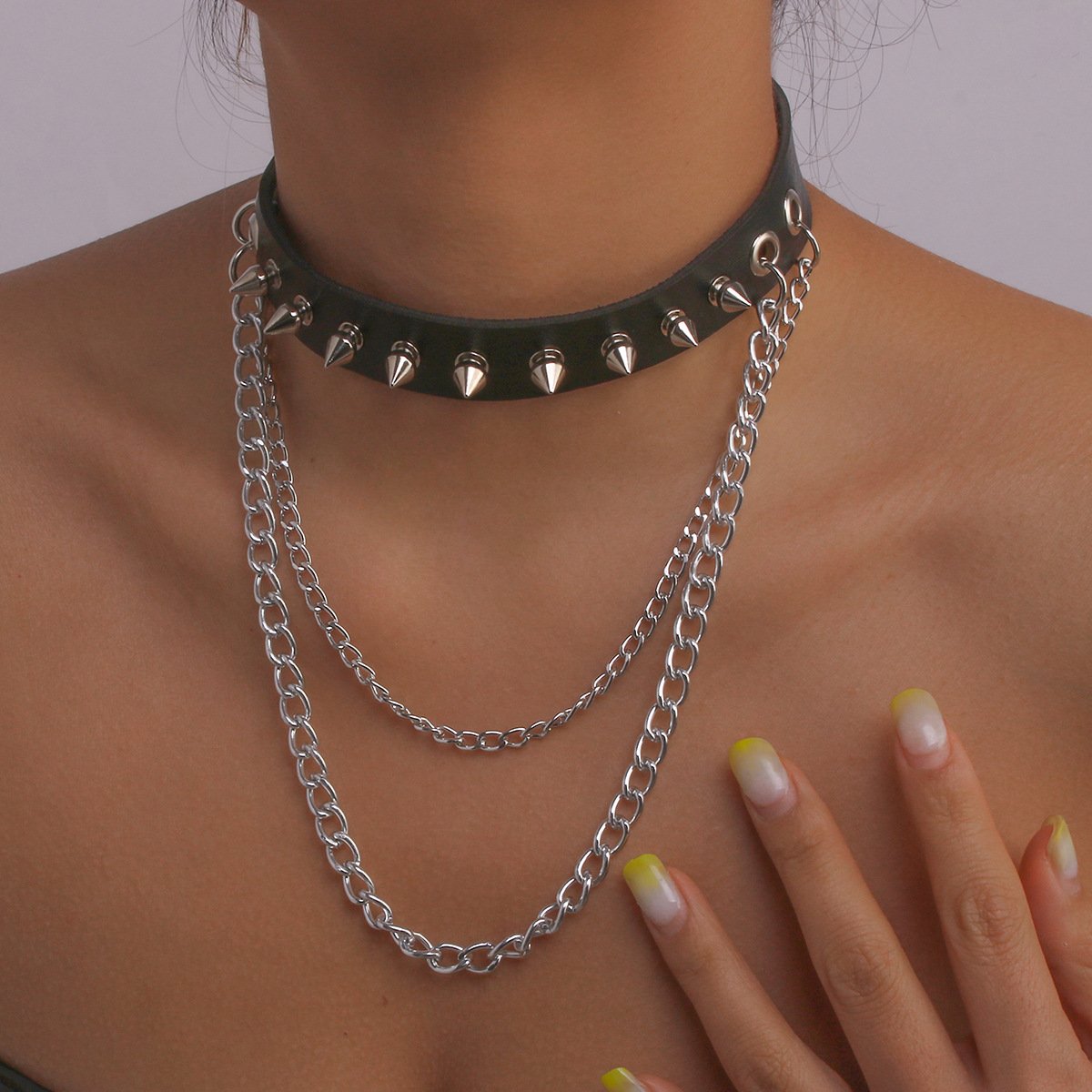 N157 Punk Necklace Harajuku Rivet Leather Chain Necklace Gothic Personality Street Shot Necklace
