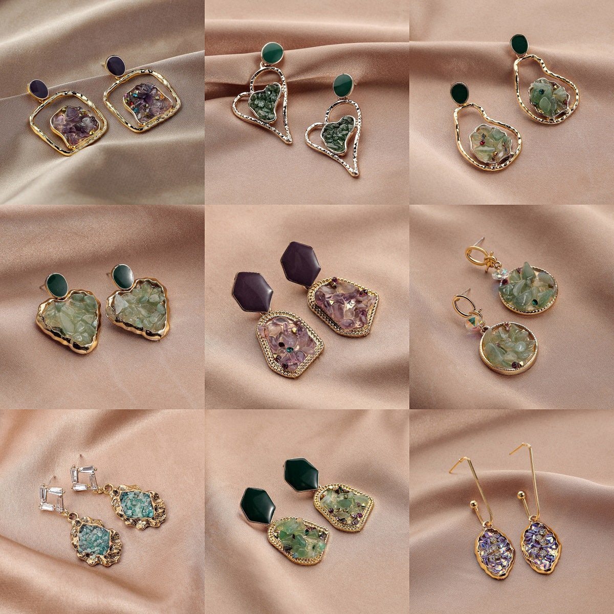 Ins geometric fashion hollow heart gravel earrings retro original stone drop oil earrings stone ear jewelry female