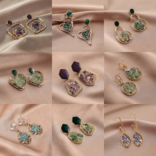 Ins geometric fashion hollow heart gravel earrings retro original stone drop oil earrings stone ear jewelry female