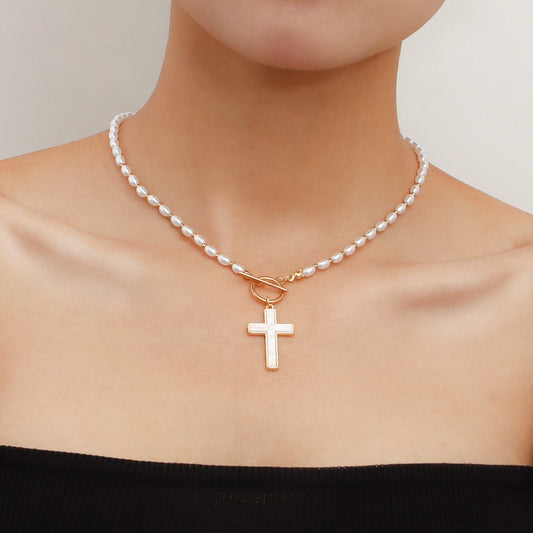 Jewelry ins cross imitation pearl necklace collarbone chain women's sweater chain trendy new Chinese necklace