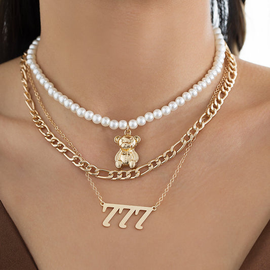 Jewelry Retro Trend Alphabet Bear Pendant Necklace Female Simple Pearl Chain Necklace Set