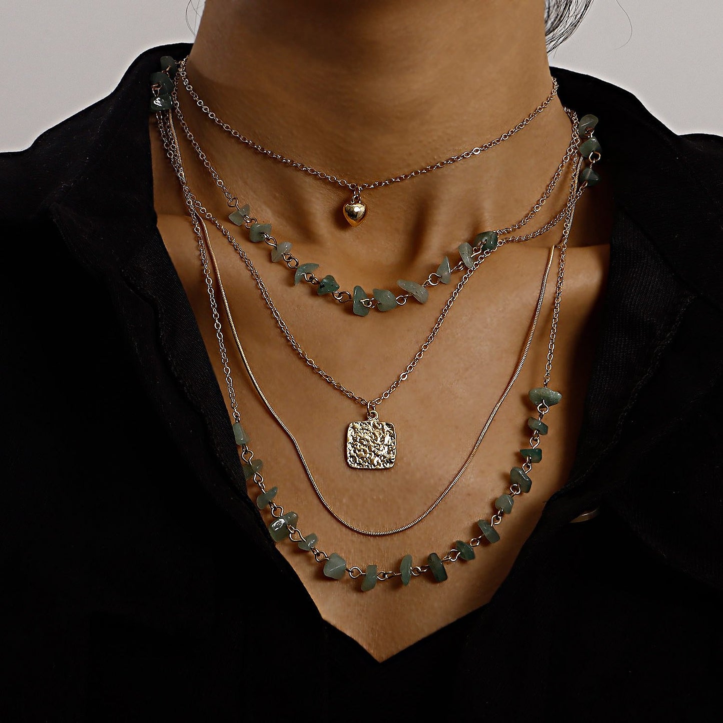 Jewelry retro stacked multi-layer small hole chain turquoise square piece mini love pendant necklace female