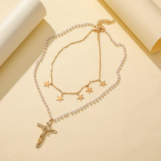 Ins personality bright five-pointed star necklace creative cross pendant temperament pearl fashion double layer necklace