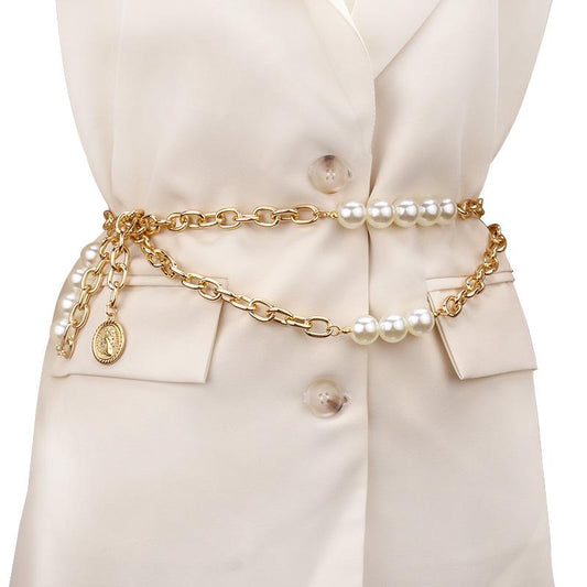 Women's Metal Waist Chain Fashion Elegant Versatile Pearl Body Chain Costume Matching Belt