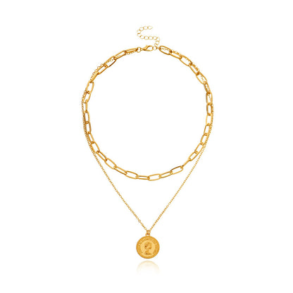 Jewelry Fashion Geometric Chain Double Layer Necklace Female Punk Street Beauty Avatar Round Card Necklace