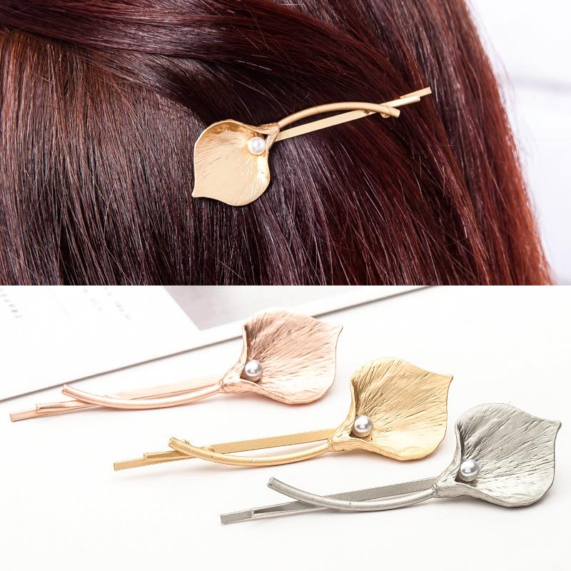 Fashion hair accessories simple lady metal flower bangs clip calla lily pearl hair clip