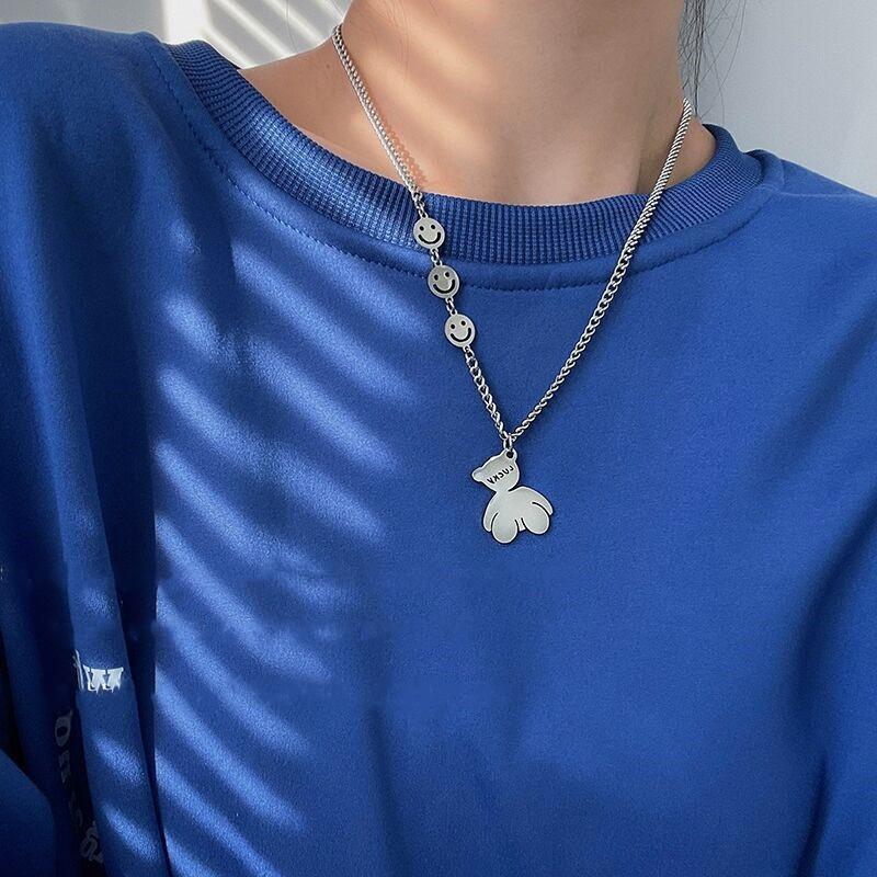 Little bear letter pendant necklace female ins hip-hop stitching smiley sweater necklace niche necklace female accessories
