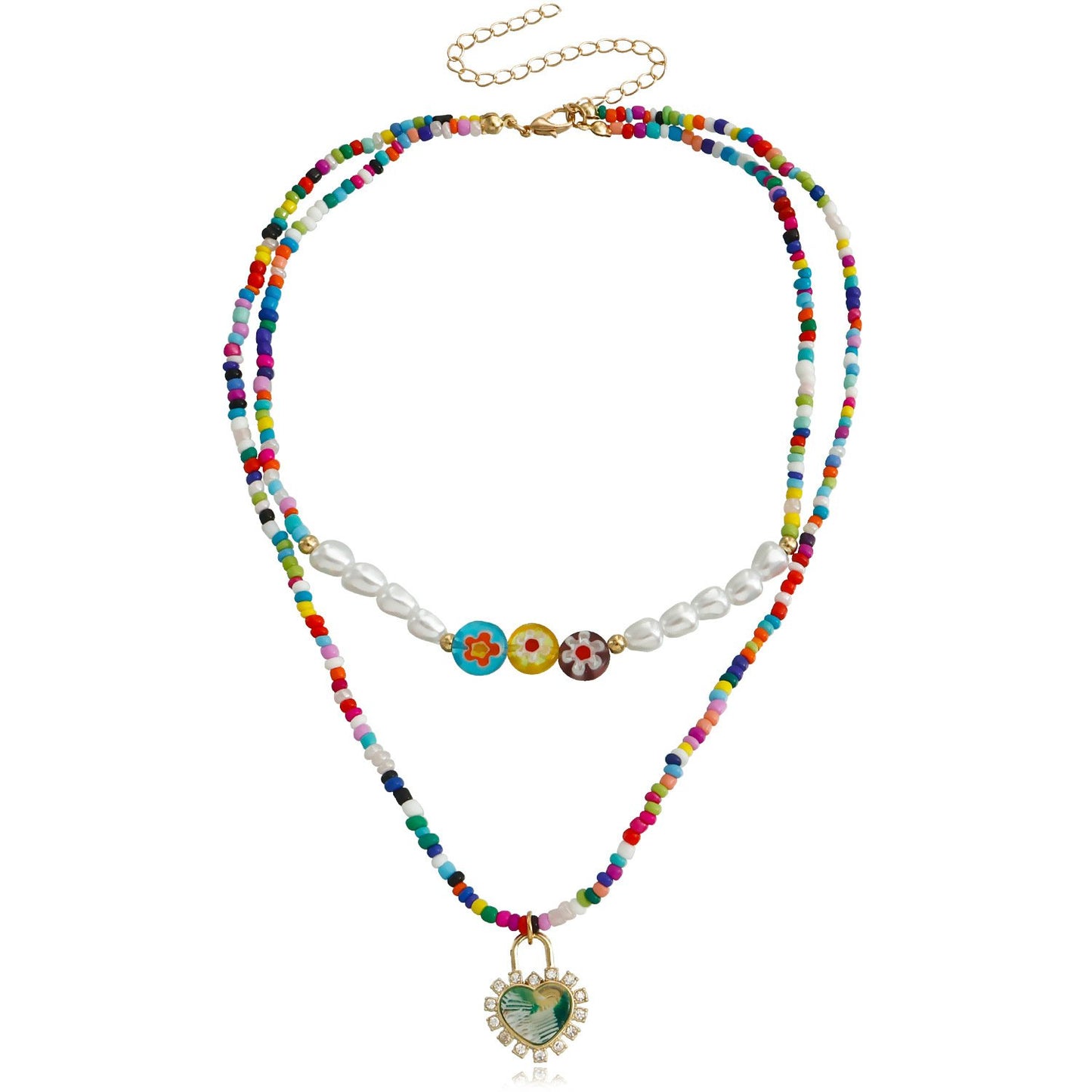 Jewelry Bohemian color rice beads glass flower love lock pendant necklace female necklace