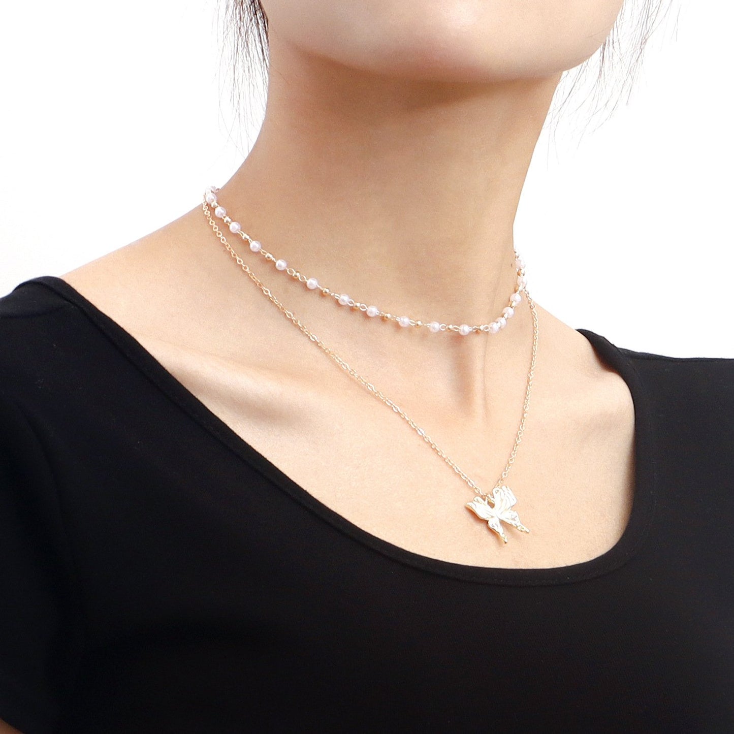 Necklace Fashion Double Pearl Clavicle Chain Butterfly Pendant Necklace Female Jewelry